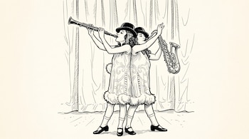 Dibujo en blanco y negro de dos mujeres unidas con tres piernas que tocan clarinete y saxofón frente a un telón sobre un escenario.