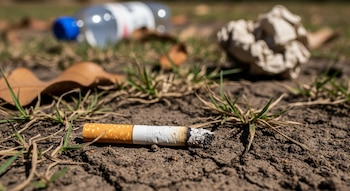Una colilla de cigarrillo parcialmente quemada con filtro naranja y blanco descansa sobre tierra seca con hierba. Al fondo, una botella de plástico y papel arrugado.