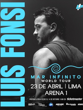 Afiche publicitario con la fotografía de perfil de Luis Fonsi, su nombre en azul y los datos del concierto Mar Infinito en Lima