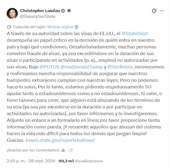El subsecretario Christopher Landau afirmó que las autoridades requieren la colaboración del público para identificar personas que excedan su tiempo de permanencia - crédito Christopher Landau/X