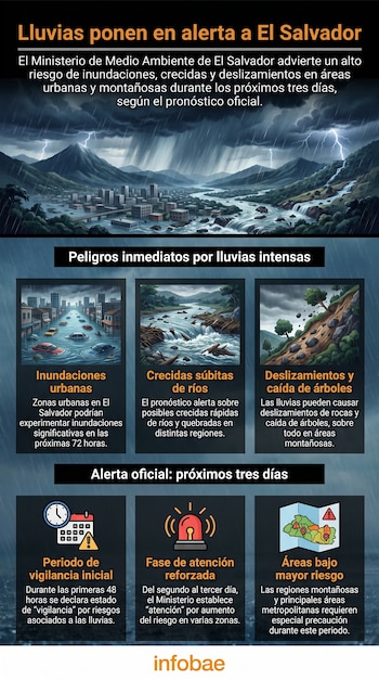 Infografía sobre la alerta de lluvias en El Salvador, mostrando una ciudad inundada, un río crecido, un deslizamiento de tierra y símbolos de alerta.