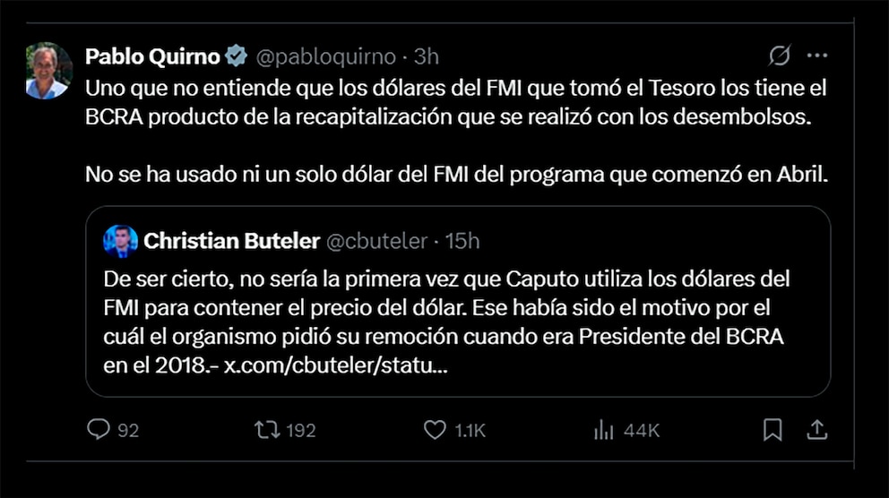 Quirno aclara el manejo de las reservas del FMI y las operaciones del Tesoro