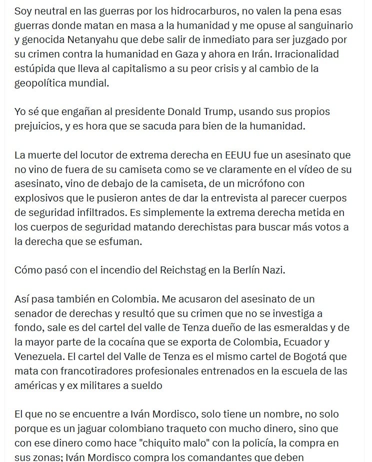 Petro afirmó que el Cartel de Bogotá, al que acusan de ser los responsables de ordenar el magnicidio de Miguel Uribe Turbay, es el mismo Cartel del Valle de Tenza - crédito @petrogustavo/X