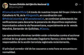 El Ejército confirmó que las estructuras Dagoberto Ramos y Jaime Martínez fueron señaladas como responsables del atentado y anunció operativos de verificación en la vía Panamericana - crédito Tercera División Ejército Nacional