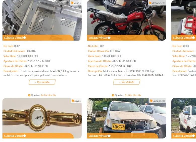 La adjudicación de cada artículo dependerá de la mejor oferta recibida durante el periodo de subasta, con notificación digital para los ganadores. - crédito captura de pantalla