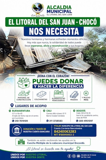 Así puede ayudar a esta comunidad, estos son los canales oficiales - crédito Alcaldía El litoral del San Juan / Facebook