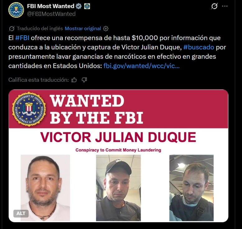 Víctor Julián Duque Tobón es el único prófugo entre nueve personas acusadas de blanquear más de 54 millones de dólares del narcotráfico desde 2021 (@FBIMostWanted / X)
