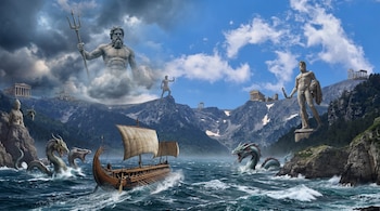 Monte Olimpo, estatuas, templo griego, barco de remos y vela, dos monstruos marinos, montañas, nubes y mar agitado.