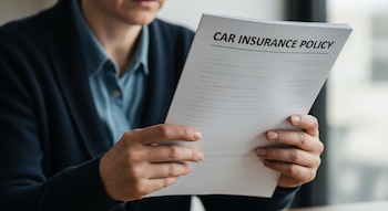 Primer plano de una persona sujetando una póliza de seguro de auto. Se puede leer 'CAR INSURANCE POLICY' en la parte superior del documento.