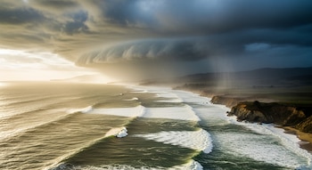 Vista aérea de olas rompiendo en la costa de California con acantilados. El sol ilumina la izquierda, mientras una tormenta descarga lluvia sobre las montañas.