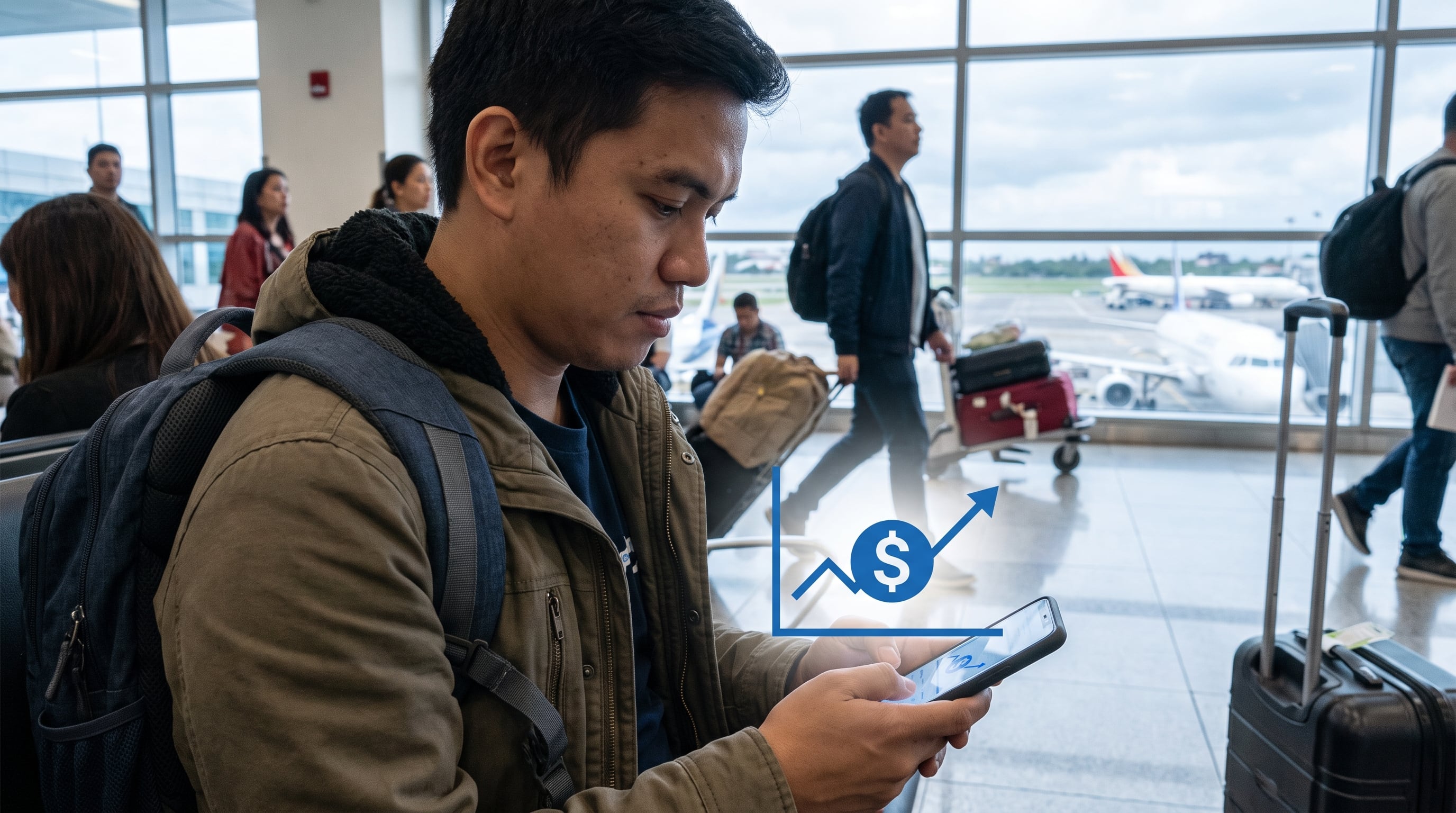 Un hombre en un aeropuerto revisa su teléfono móvil, en cuya pantalla se proyecta un gráfico con una tendencia financiera ascendente y un símbolo de dólar. (Imagen Ilustrativa Infobae)