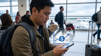 Un hombre sentado en un aeropuerto mira su teléfono móvil; en la pantalla, un gráfico muestra una flecha de crecimiento con un signo de dólar. Hay personas y aviones de fondo.