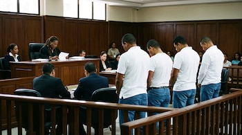 Cuatro hombres vestidos con camisetas blancas y pantalones vaqueros permanecen de pie ante el estrado de una jueza en una sala de tribunal.