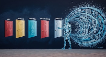 Mural oscuro con una figura de IA de píxeles azules frente a cinco puertas flotantes de colores etiquetadas. Un remolino azul de rostros humanos y símbolos.