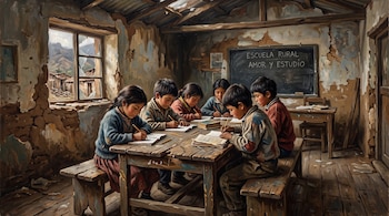 Pintura al óleo de seis niños sentados junto a una mesa de madera escribiendo en cuadernos dentro de un aula con paredes agrietadas y un pizarrón.