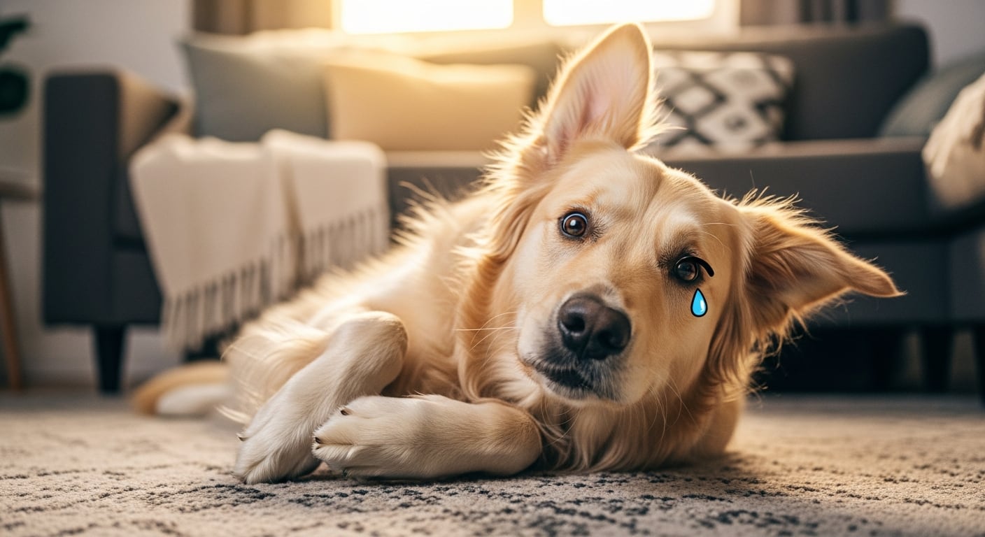 Un perro golden retriever con una lágrima de caricatura en su ojo izquierdo y una mirada suplicante yace en el suelo de una sala, reflejando su constante deseo de atención. (Imagen Ilustrativa Infobae)