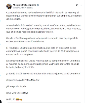 El presidente Abelardo de la Espriella se refirió a la compra de Presto por parte del Grupo Nutresa - crédito @ABDELAESPRIELLA/X