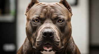 Primer plano frontal de un perro pitbull de pelaje marrón, orejas recortadas, ojos ámbar y morro negro.