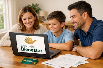 Una madre, un padre y un niño sentados en una mesa de madera; laptop abierta con logo del Banco del Bienestar, papeles y una tarjeta verde en la mesa.