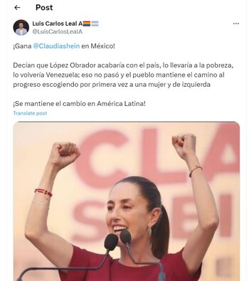 Luis Carlos Leal festeja el triunfo de Claudia Sheinbaum en las elecciones de México - crédito @LuisCarlosLealA
