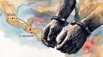 Ilustración con un mapa de México y El Salvador unido por una flecha roja y unas manos con esposas metálicas.