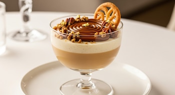 Postre de cajeta gourmet en copa de cristal con capas, espiral de cajeta, nueces, hojuelas doradas y galleta sobre un plato blanco, en una mesa clara.
