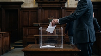 Una persona vestida de traje introduce un papel en una urna transparente sobre una mesa. Hilos delgados descienden hasta su mano.