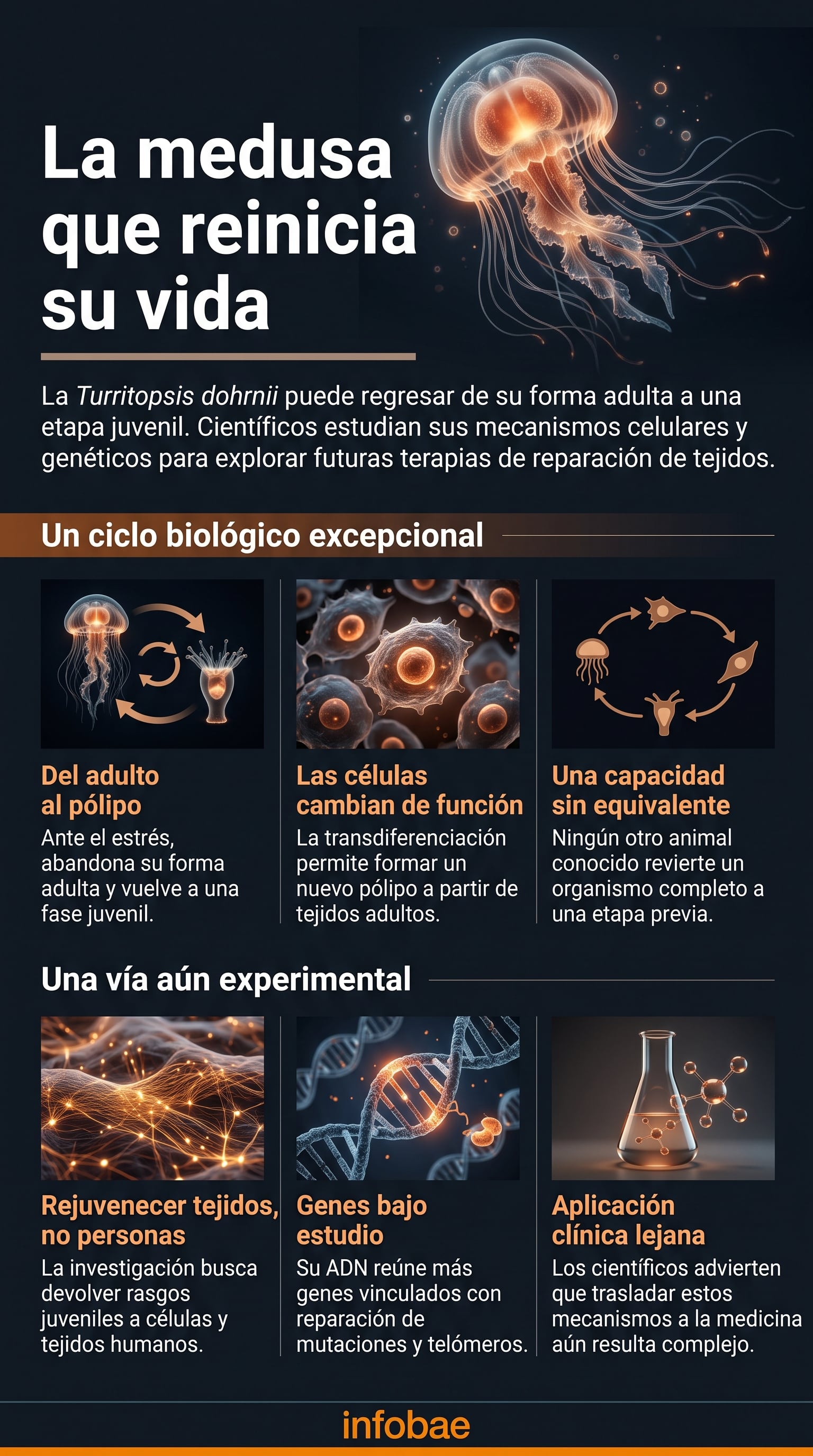 Una infografía detalla las etapas del ciclo vital de la medusa Turritopsis dohrnii y las investigaciones genéticas orientadas a la reparación de tejidos en humanos (Imagen Ilustrativa Infobae)