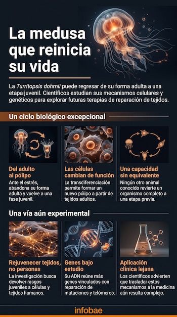 Infografía con textos e ilustraciones de una medusa luminiscente, células, esquemas circulares, una hélice de ADN y un matraz de laboratorio.