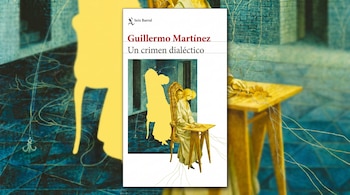 Portada del libro "Un crimen dialéctico" de Guillermo Martínez, con una mujer sentada en una mesa y una silueta amarilla, sobre un fondo borroso del mismo arte.