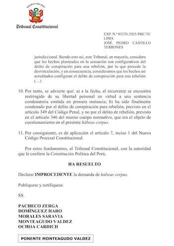 TC rechaza una demanda más de Pedro Castillo