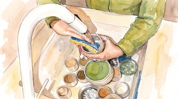 Ilustración de unas manos lavando una taza en un fregadero lleno de tazas, vasos y un plato, con una esponja amarilla y azul.
