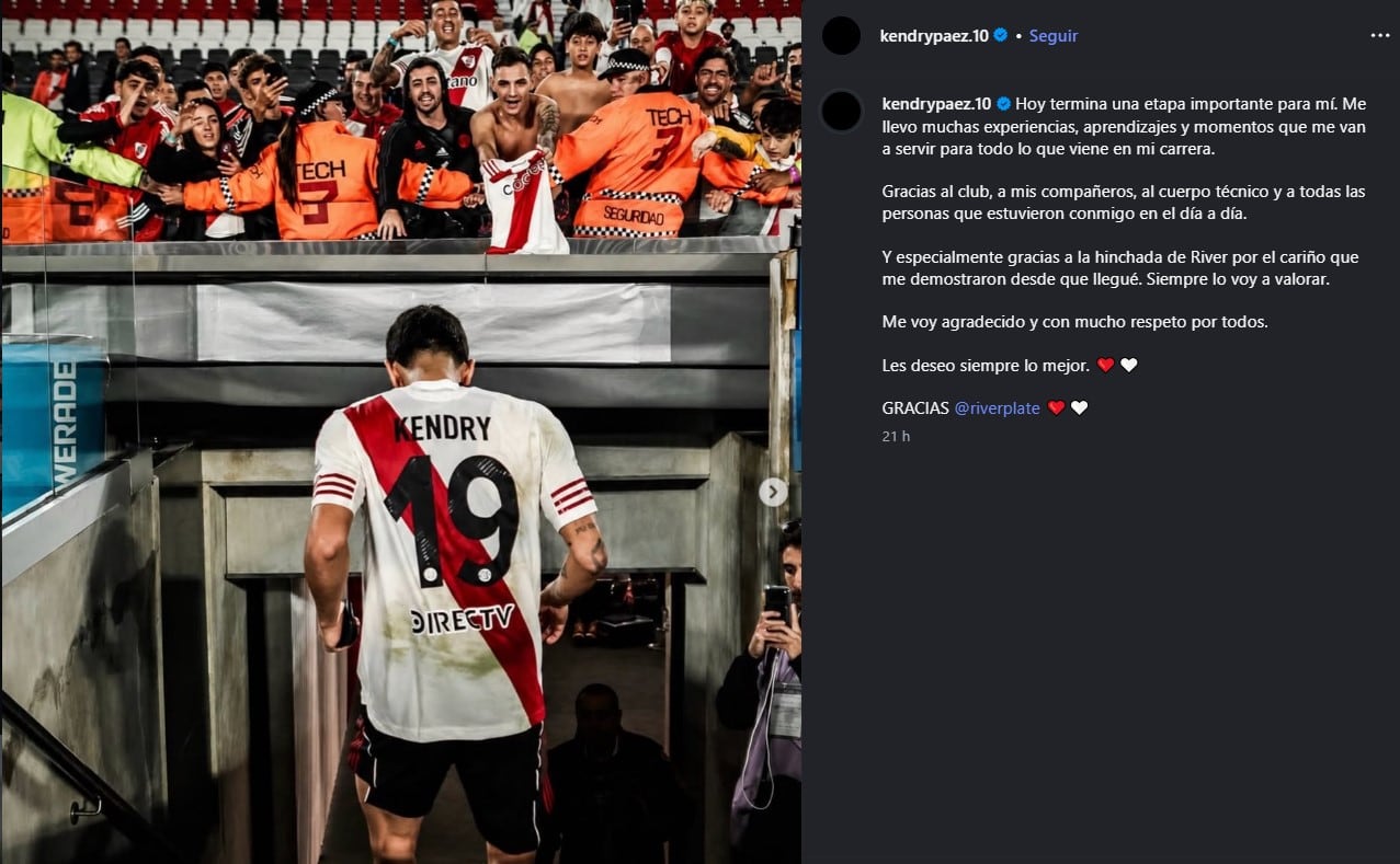 El posteo de Kendry Páez para despedirse de River (@kendrypaez.10)