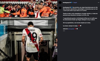 El posteo de Kendry Páez para despedirse de River (@kendrypaez.10)