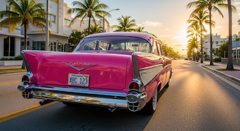 Atrás de um carro clássico rosa com placa da Flórida (Imagem: Getty Images)