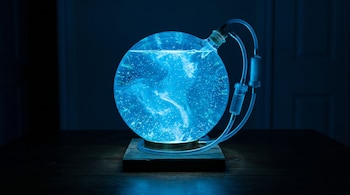 Una lámpara esferoidal de vidrio llena de líquido azul brillante y algas bioluminiscentes descansa sobre una base de madera oscura, con tubos transparentes conectados.