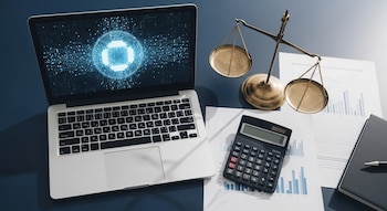 Laptop abierta con símbolo de inteligencia artificial en pantalla, balanza de la justicia, calculadora, hojas con gráficos y texto, cuaderno con bolígrafo.