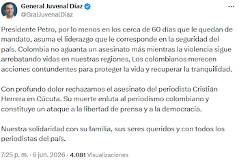 Gobernador de Santander exigió a Gustavo Petro actuar ante crisis de seguridad - crédito @GralJuvenalDiaz/X