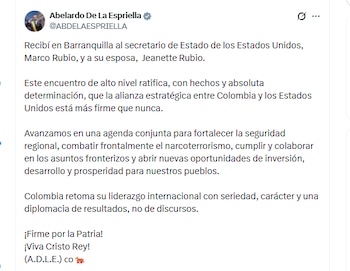 El presidente Abelardo de la Espriella informó que abordó un tema central en el encuentro con Marco Rubio: la lucha frontal contra el narcoterrorismo - crédito @ABDELAESPRIELLA/X