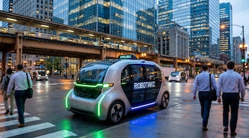 Un robotaxi blanco con luces verdes y azules brilla en una calle mojada de una ciudad, rodeado de edificios altos y vías elevadas de tren al anochecer, con peatones caminando.