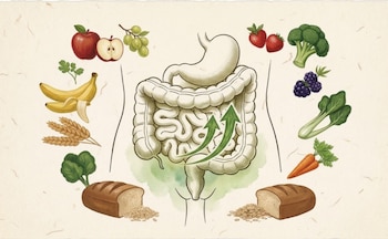 Ilustración del sistema digestivo humano con estómago e intestinos, rodeado de manzanas, uvas, plátanos, trigo, espinacas, fresas, brócoli, moras y zanahorias