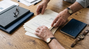 Manos sobre documentos impresos con gráficos, rodeadas por carpetas, anteojos, una libreta y dos relojes de pulsera en una mesa de madera.