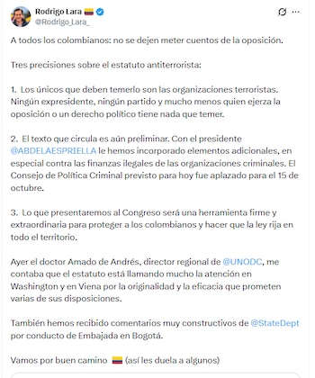 Rodrigo Lara señaló que la iniciativa solo va dirigida a grupos terroristas, por lo que activistas o miembros de la oposición no verán vulnerados sus derechos, puesto que operan desde la legalidad- crédito @Rodrigo_Lara_/X