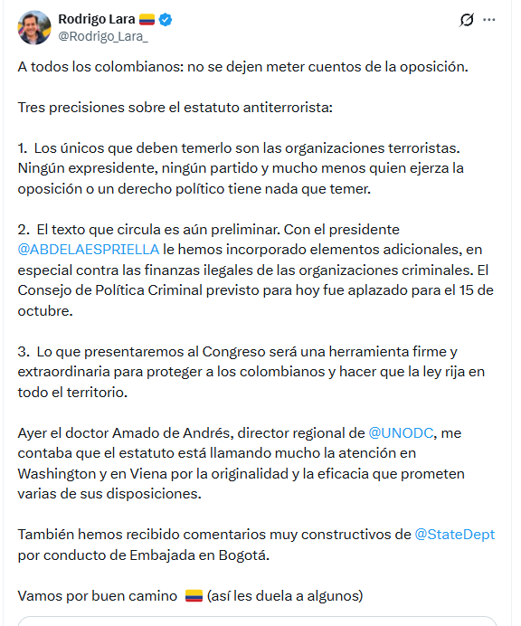 Rodrigo Lara señaló que la iniciativa solo va dirigida a grupos terroristas, por lo que activistas o miembros de la oposición no verán vulnerados sus derechos, puesto que operan desde la legalidad- crédito @Rodrigo_Lara_/X