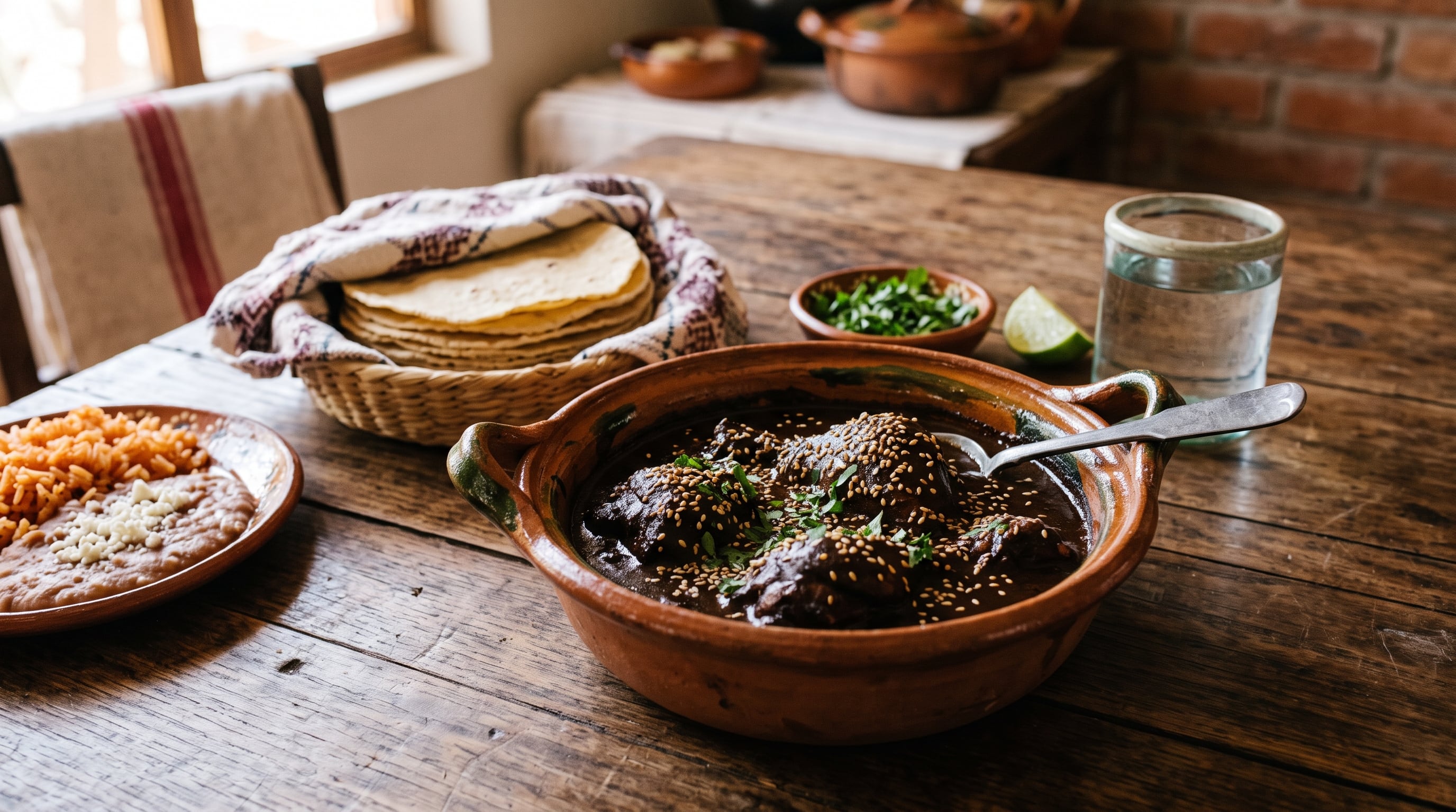 Un plato de mole prieto preparado en cazuela de barro se acompaña con tortillas de maíz, arroz, frijoles y un vaso de agua sobre una mesa. (Imagen Ilustrativa Infobae)