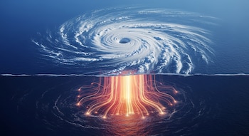 Vista aérea conceptual de un huracán sobre un océano azul profundo. Debajo de la superficie, haces de luz anaranjada ascienden desde el agua hacia la tormenta.