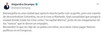 Alejandro Ocampo, representante a la Cámara 2022-2026 y senador electo 2026-2030, a través de sus rede sociales vinculó la propuesta con alianzas políticas en el Caribe - crédito @alejoocampog/X