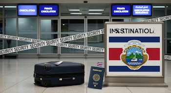 Un primer plano de una valija azul y un pasaporte de Costa Rica en el suelo de un aeropuerto, con cintas de seguridad y un cartel de la bandera y escudo costarricense al fondo.