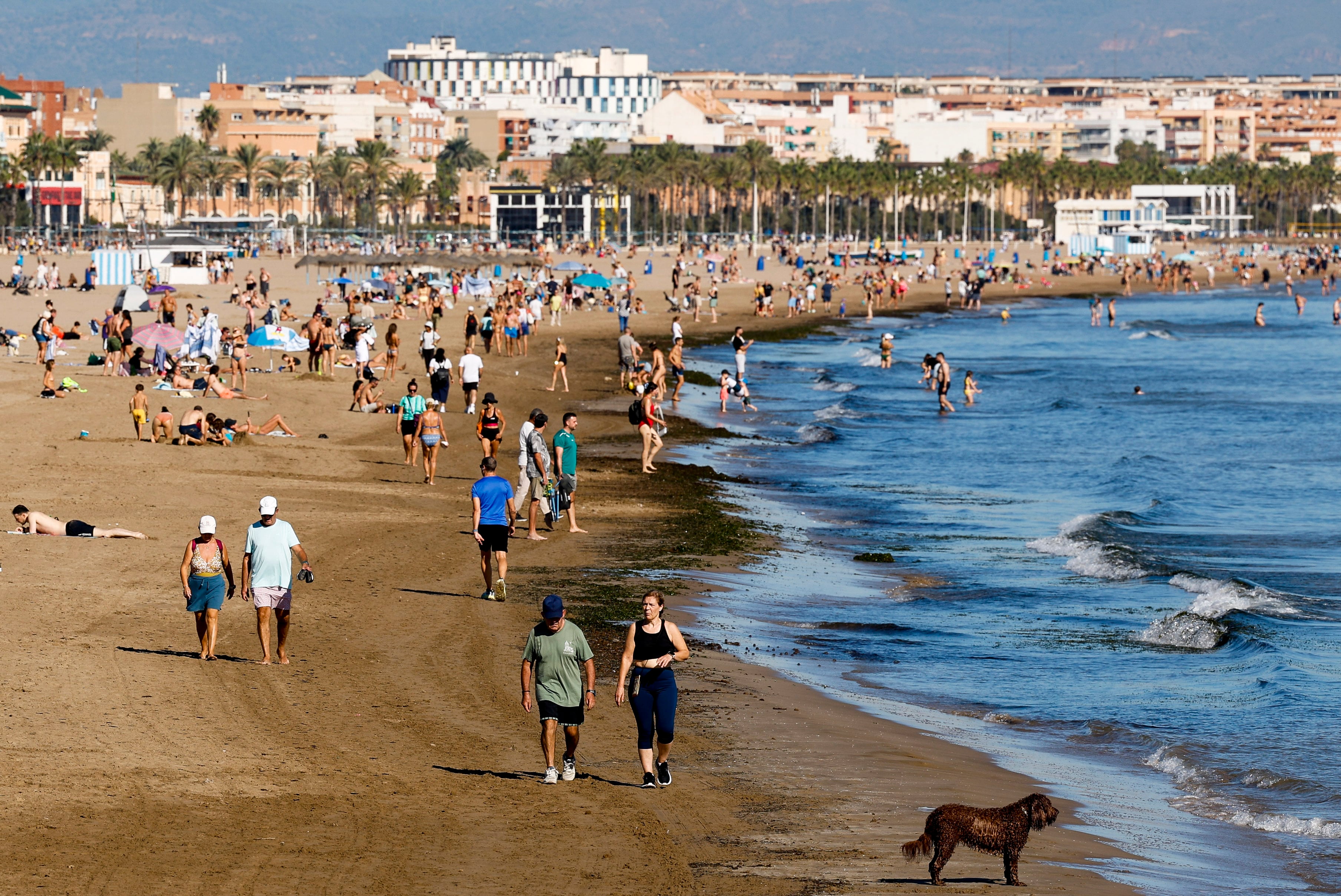 Vista de la gente en la playa de Valencia este lunes. (Ana Escobar/EFE)
