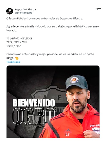 Riestra anunció a Cristian Fabbiani